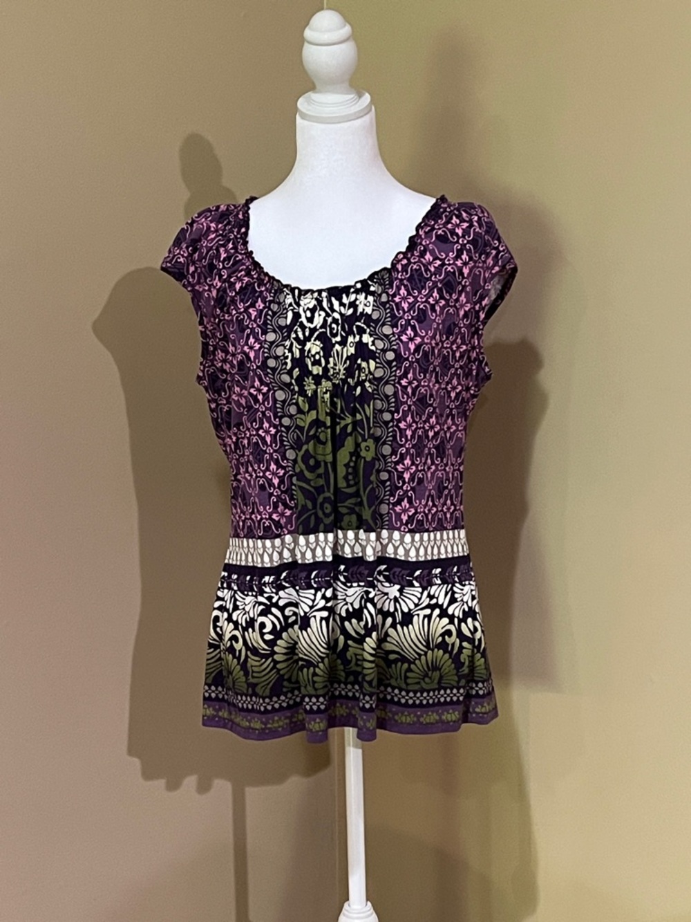 liz & co. Purple and Black Patterned Cap Sleeve Blouse